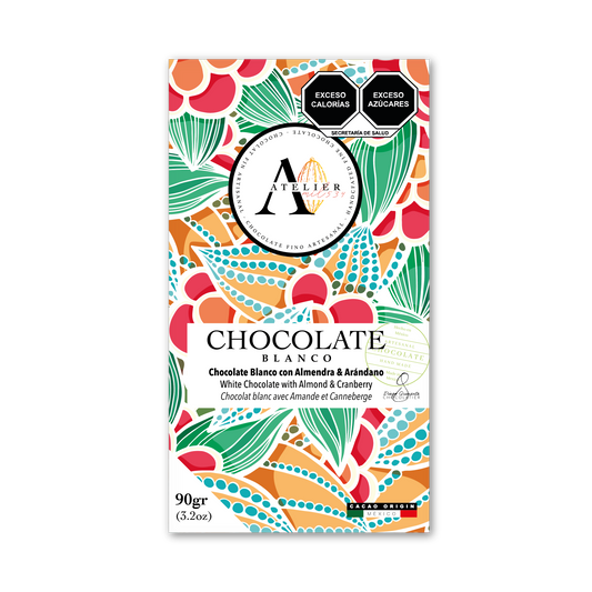 Tableta de Chocolate BLANCO CON ALMENDRA, ARÁNDANO & SAL, 90g